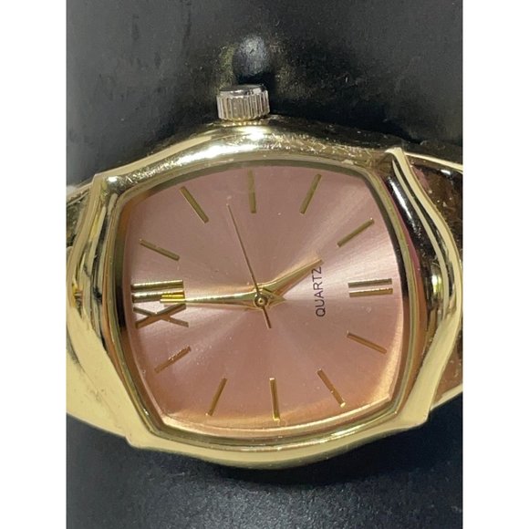 Cuff Enamel Pink Bangle Bracelet Wrist Watch with Rhinestones Made in Japan - Picture 2 of 5